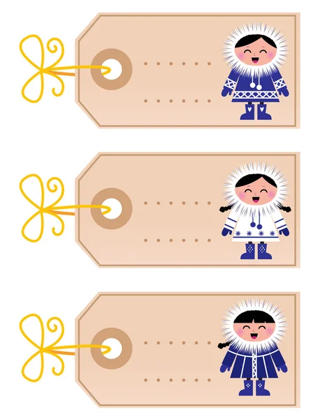 Étiquettes vierges de Noël avec enfants eskimo isolés sur blanc — Image vectorielle
