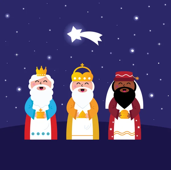 Τρεις σοφοί άνδρες φέρνοντας δώρα στον Χριστό (νυχτερινή σκηνή ) — Διανυσματικό Αρχείο