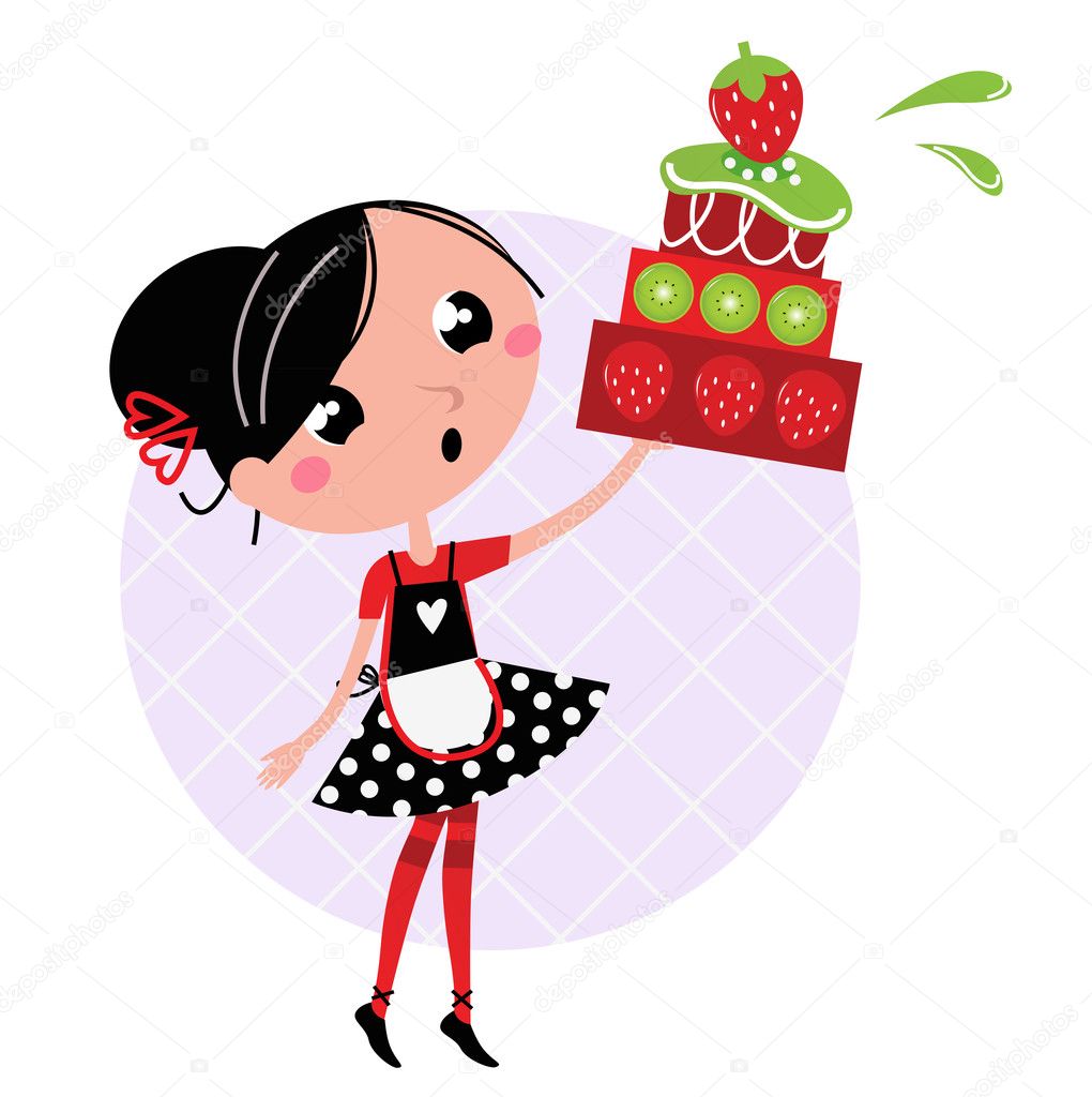 Retro kitchen Girl with big fruity Cake isolated on white