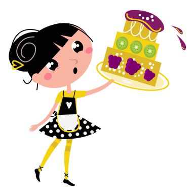 Retro kitchen Girl with big fruity Cake isolated on white clipart