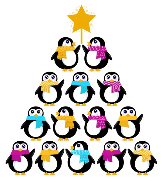 Létre a karácsonyfa aranyos pingvinek — Stock Vector