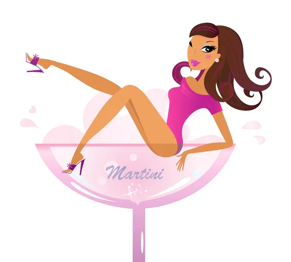 Menina retro bonita em vidro Martini rosa — Vetor de Stock