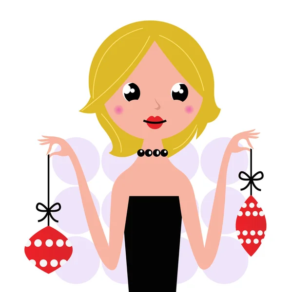 Femme rétro avec des boules de Noël isolées sur blanc — Image vectorielle