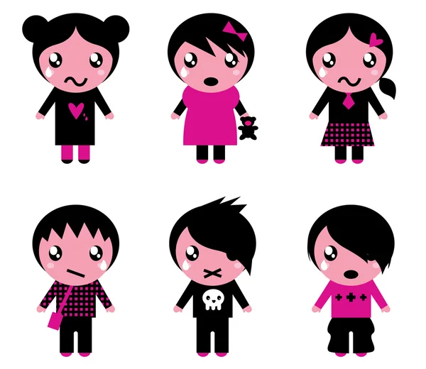 Emo kids cute collection isolated on white — Stock Vector