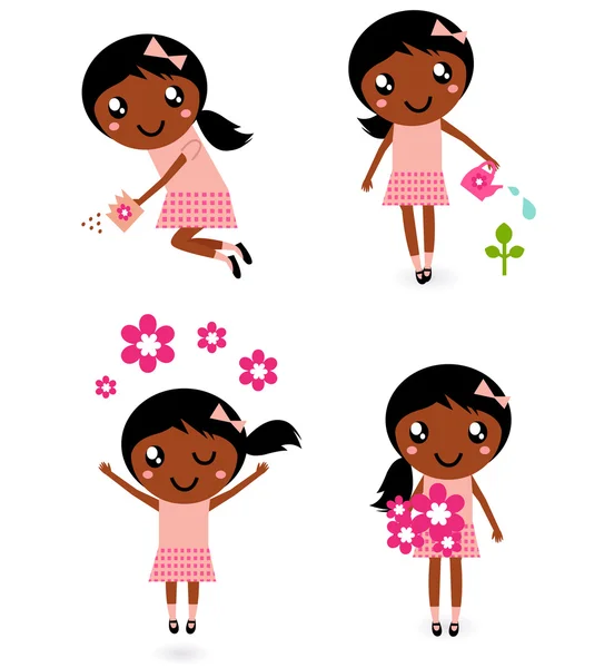 Μικρό χαριτωμένο κηπουρός κορίτσι σε διάφορες πόζες — Διανυσματικό Αρχείο