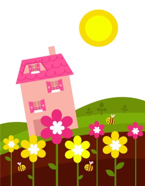 Pink house behind spring flowers clipart
