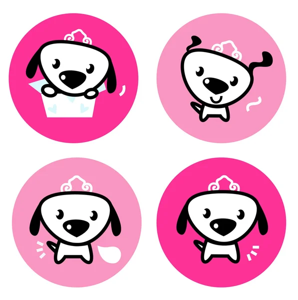 Leuke vrouwelijke hond met kroon roze pictogrammen of knopen set — Stockvector
