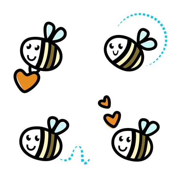 Aranyos méh karakterek elszigetelt fehér szívek — Stock Vector