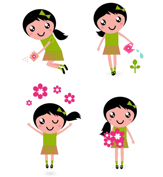 Cute little girl with spring Flowers isolated on white — Stock Vector