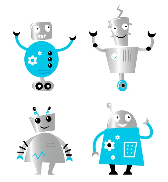 Cute retro robots set isolated on white ( blue and metal ) — Stock Vector