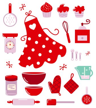 Icons or accessories for housewife isolated on white clipart