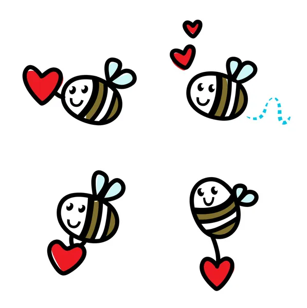Cute flying doodle bee set with Valentine — Stock Vector