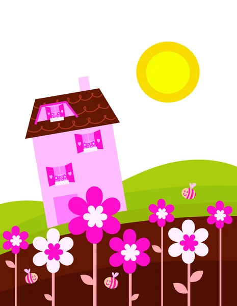 País de fantasia com flores de casa e primavera — Vetor de Stock