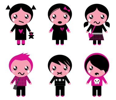 Cute emo kids collection isolated on white clipart