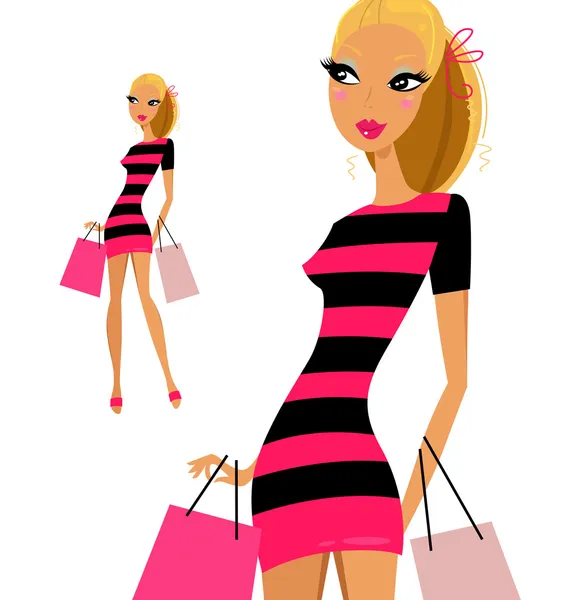 Blond kvinna shopping kvinna isolerad på vit bakgrund — Stock vektor