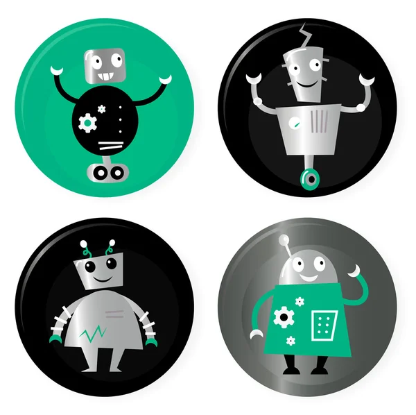 Cute retro robots badget collection isolated on white — Stock Vector