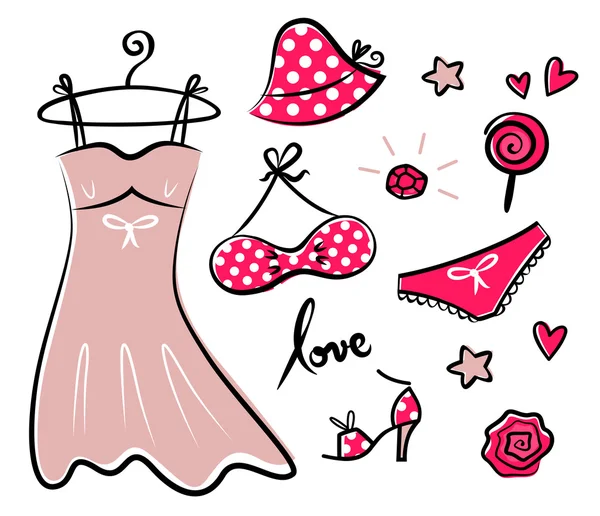 时尚复古红色图标和浪漫女孩的配件 — 图库矢量图片