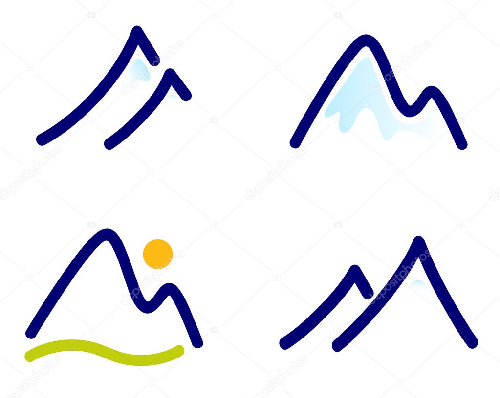 Snowy mountains or hills icons set isolated on white