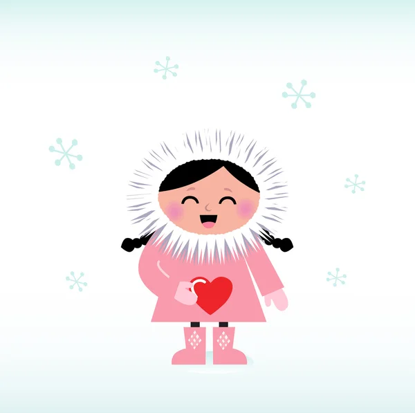 Bonito eskimo criança segurando coração vermelho isolado em branco — Vetor de Stock