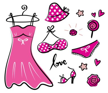 Fashion retro pink icons and accessories clipart