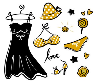 Fashion retro yellow icons and accessories for romance girl clipart