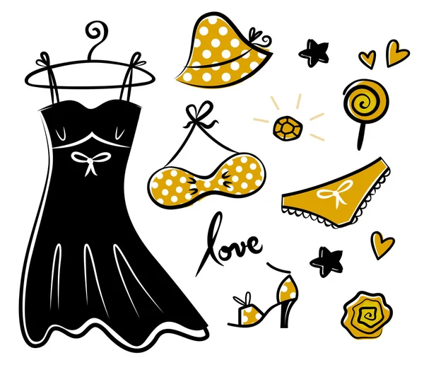 Fashion retro yellow icons and accessories for romance girl — Stock Vector