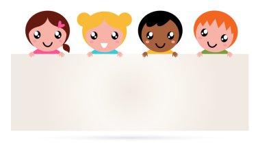 Multicultural kids holding blank banner sign clipart