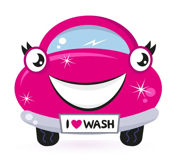 白で隔離されるかわいいピンクの車の洗浄 — ストックベクタ