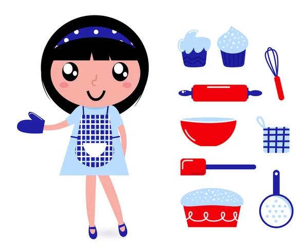Χαριτωμένο κορίτσι μαγείρεμα με αξεσουάρ που απομονώνονται σε λευκό — Διανυσματικό Αρχείο