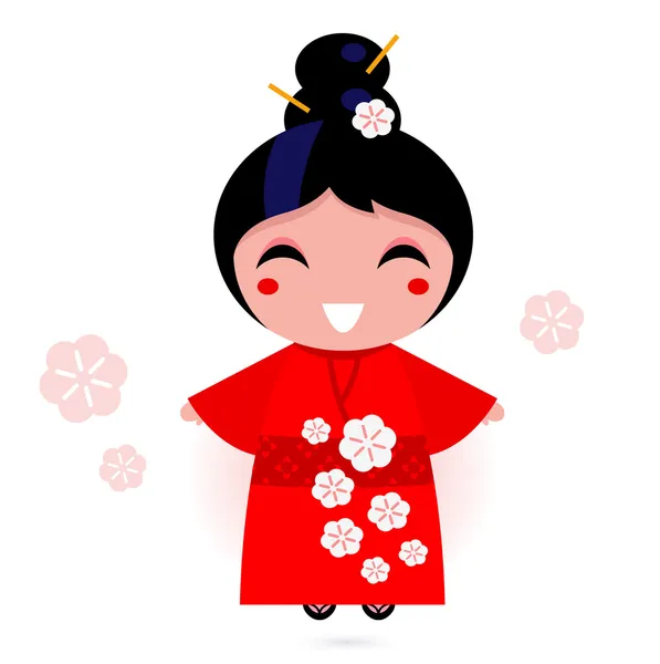 Japonská gejša dívka v červených kimono izolovaných na bílém — Stockový vektor