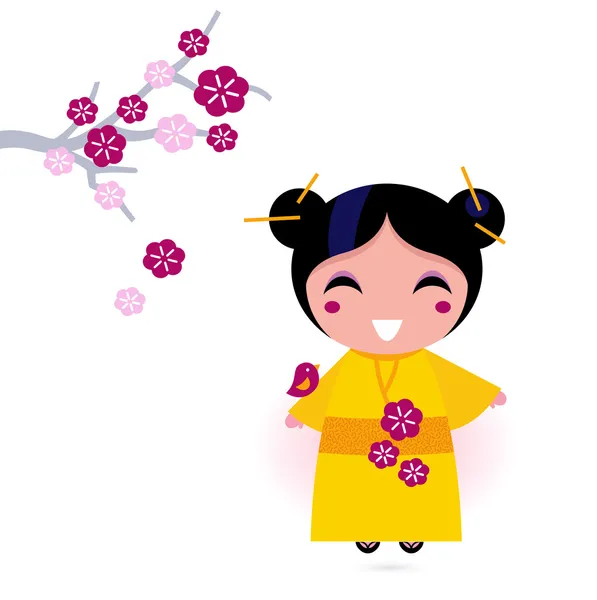Asiatisch mädchen im gelben kimono isolation auf weiß — Stockvektor