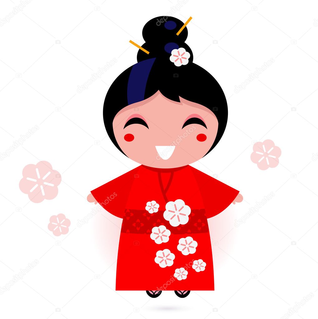 Japanese geisha girl in red kimono isolated on white