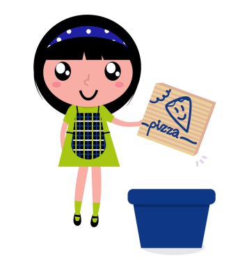 Cute girl recycle paper box into recycling bin clipart