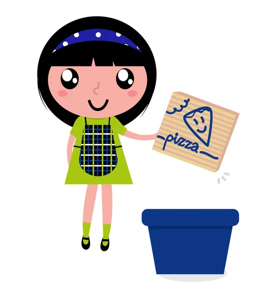 Cute girl reciclar caixa de papel em lixeira — Vetor de Stock