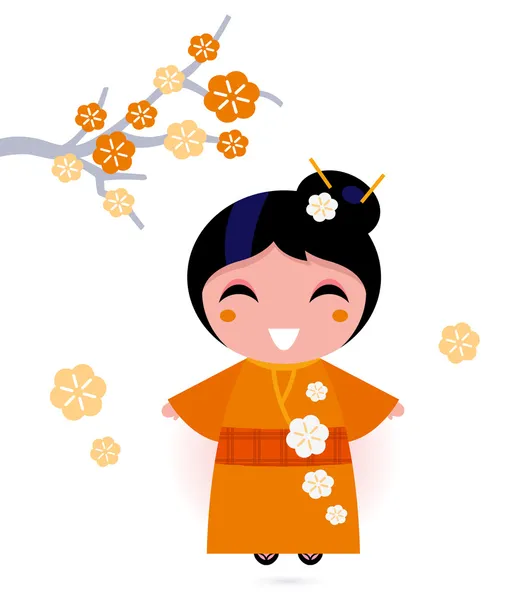 Mujer geisha en kimono naranja aislado en blanco — Vector de stock