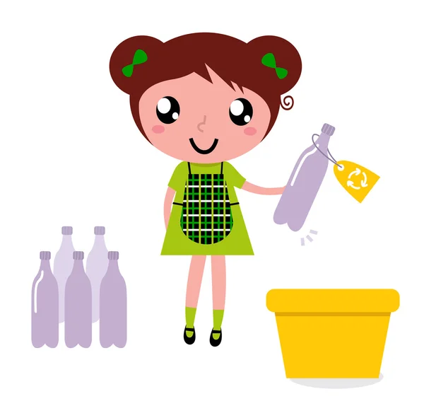 Χαριτωμένο κορίτσι ανακύκλωσης σκουπιδιών στον κάδο της ανακύκλωσης — Διανυσματικό Αρχείο