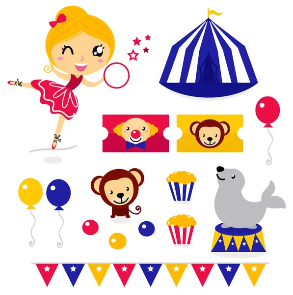 Fun circus icons and elements set isolated on white — Stock Vector
