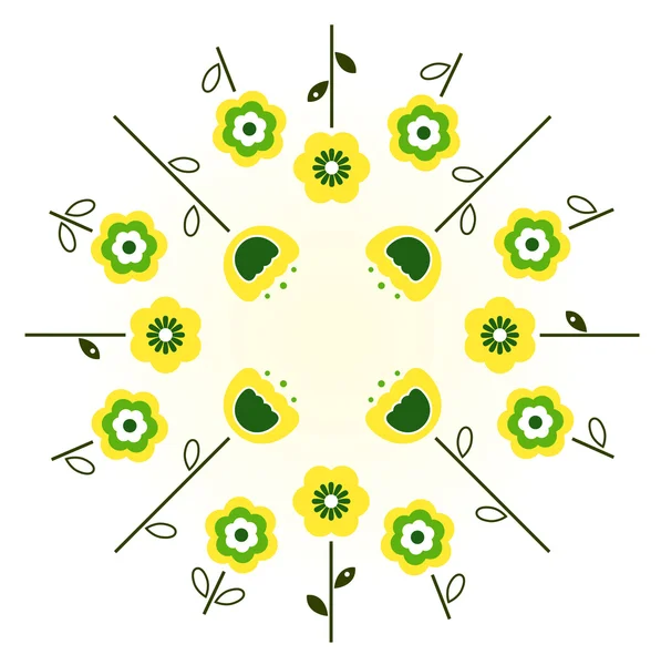 レトロな春の花サークル - 黄色と緑の — ストックベクタ