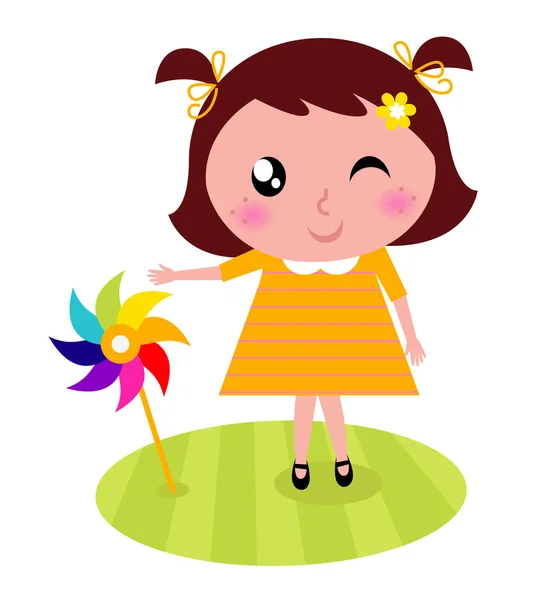 Cute child with colorful windmill isolated on white — Stock Vector