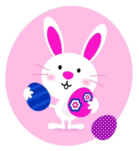 Conejo de dibujos animados con huevos de Pascua aislados en blanco — Vector de stock