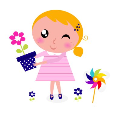 Cute spring girl with flower isolated on white clipart