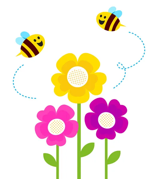 Niedlichen Bienen fliegen um Frühlingsblumen isoliert auf weiß — Stockvektor