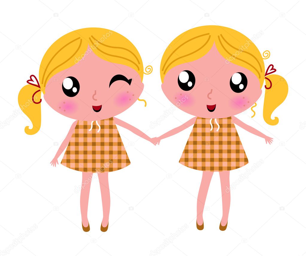 Cute little retro twins isolated on white