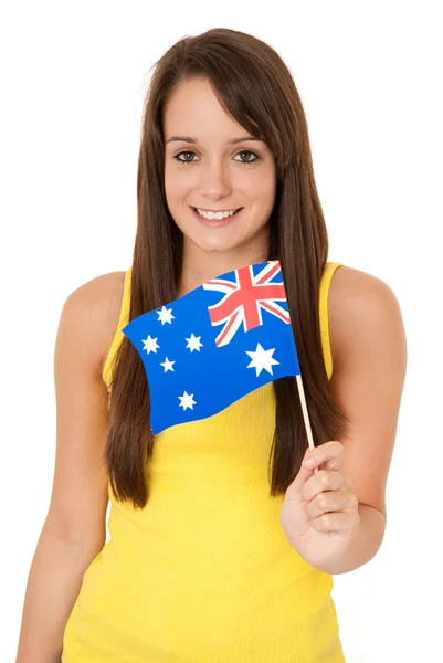 Mujer ondeando bandera australiana — Foto de Stock