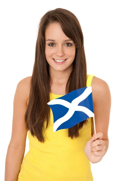 Mulher acenando com a bandeira escocesa — Fotografia de Stock