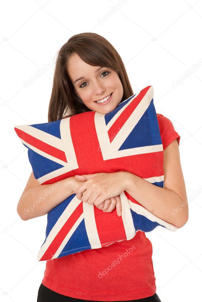 Woman cuddling Union Jack pillow