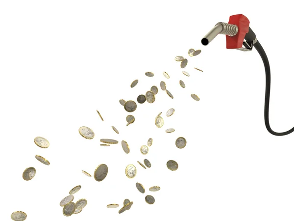 Fuel nozzle pouring Eur coins — Stock Photo, Image