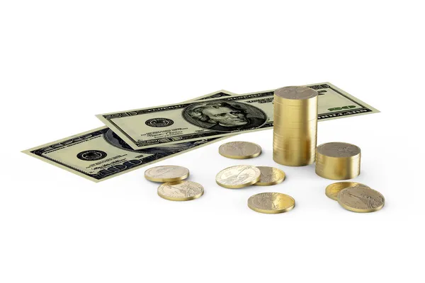ドルと白い背景の上のコイン — ストック写真