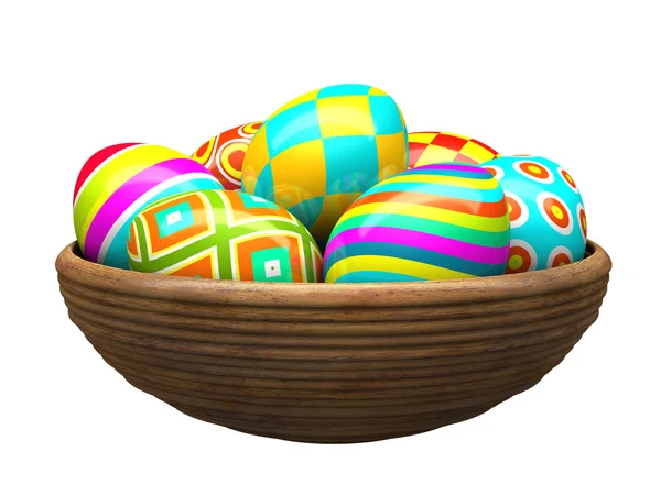 Colorful painted easter eggs in wood plate — Stock Photo, Image