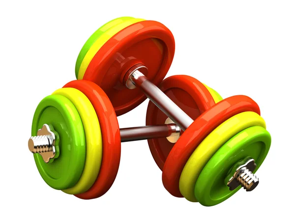 Multicolored barbells in different position — Stock Photo, Image